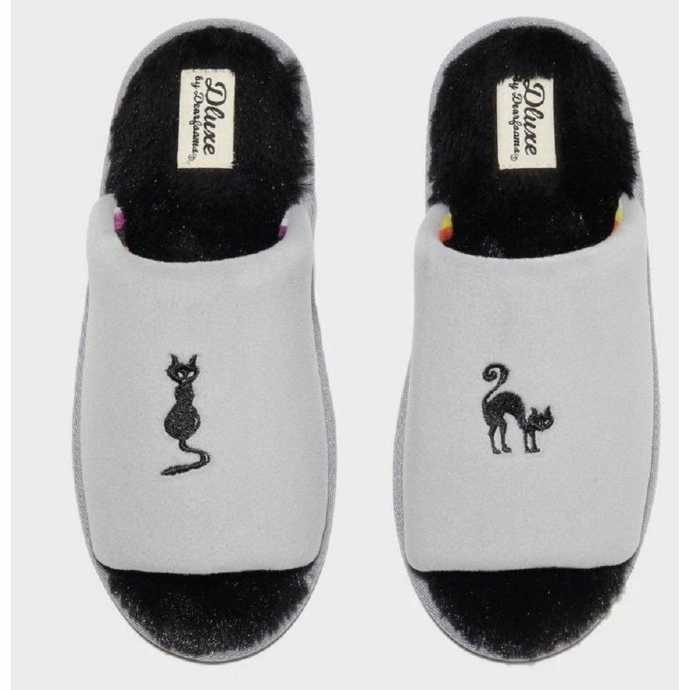 Dearfoams Dluxe Halloween Slippers Womens M 7-8 Black Cats On Gray Memory Foam